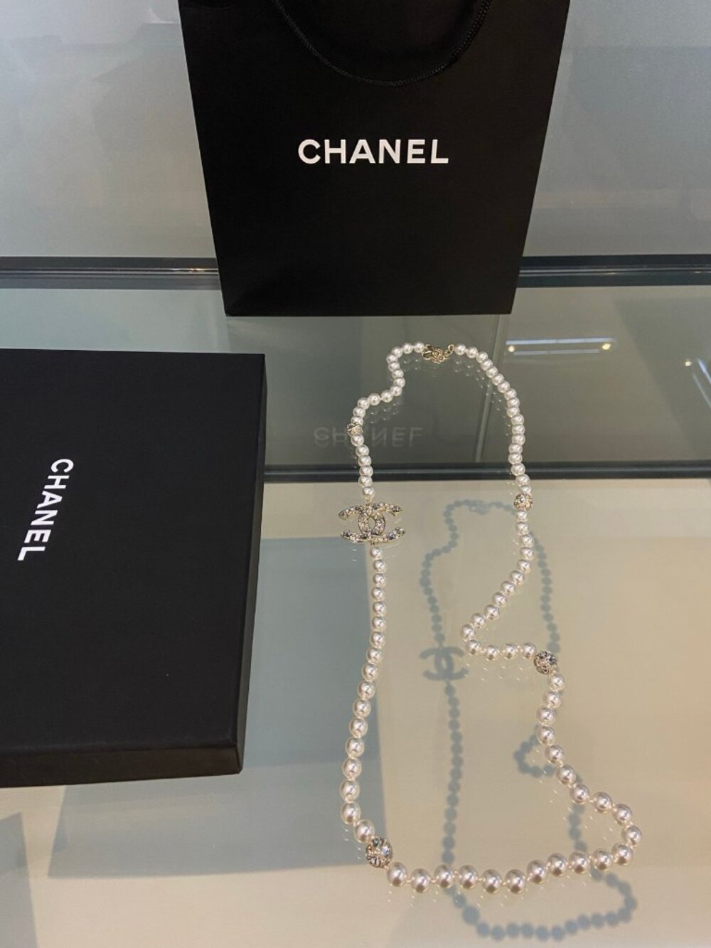 Chanel Pearl Long Necklace with Pavé Crystal CC Station